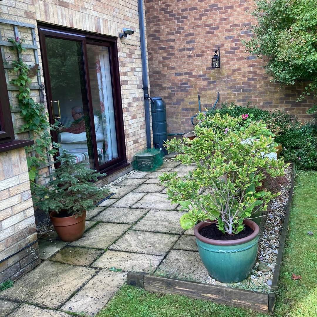 Tired old paving and overgrown borders before transformation