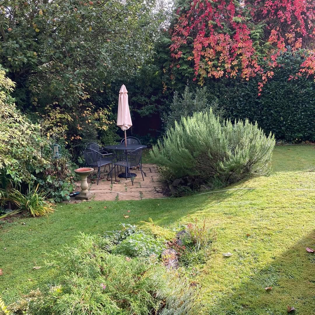 Patchy lawn and dated patio before the makeover