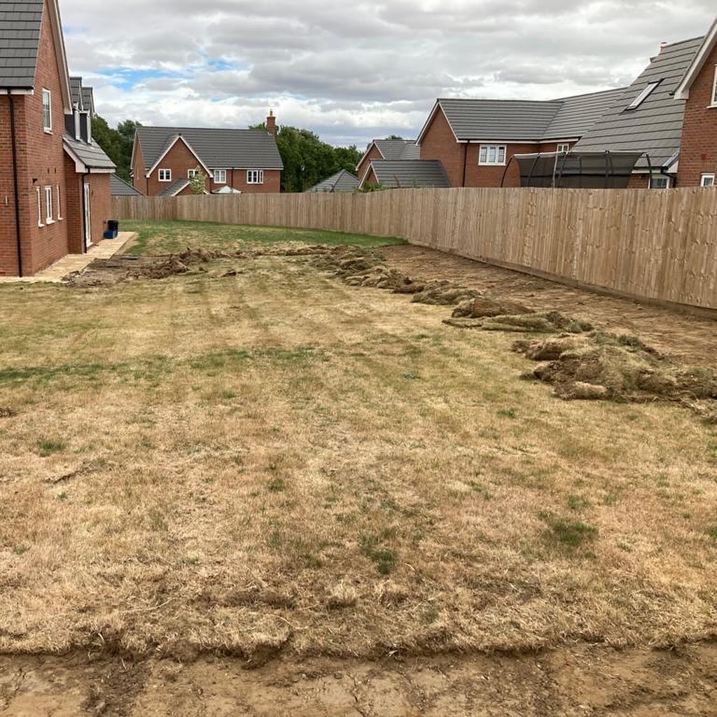 Bare new-build plot with patchy turf before planting