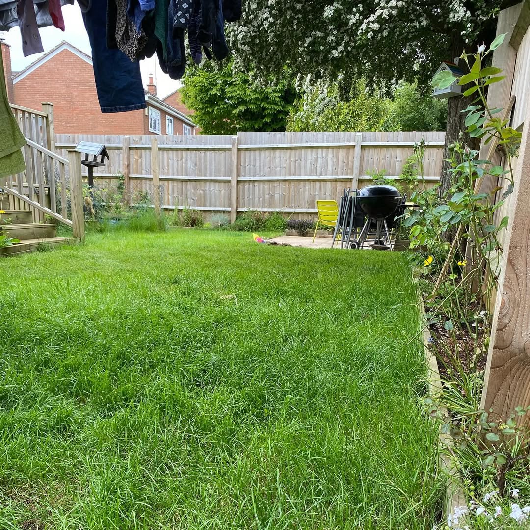 Patchy lawn and broken concrete BBQ slab before transformation