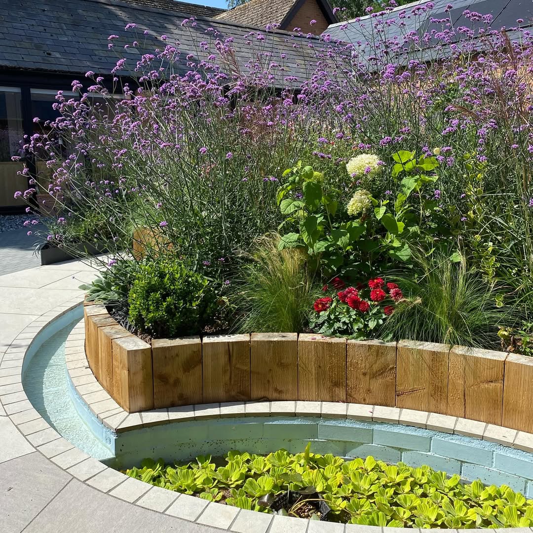 Close-up of the planted sleeper terrace and lily-pad pool